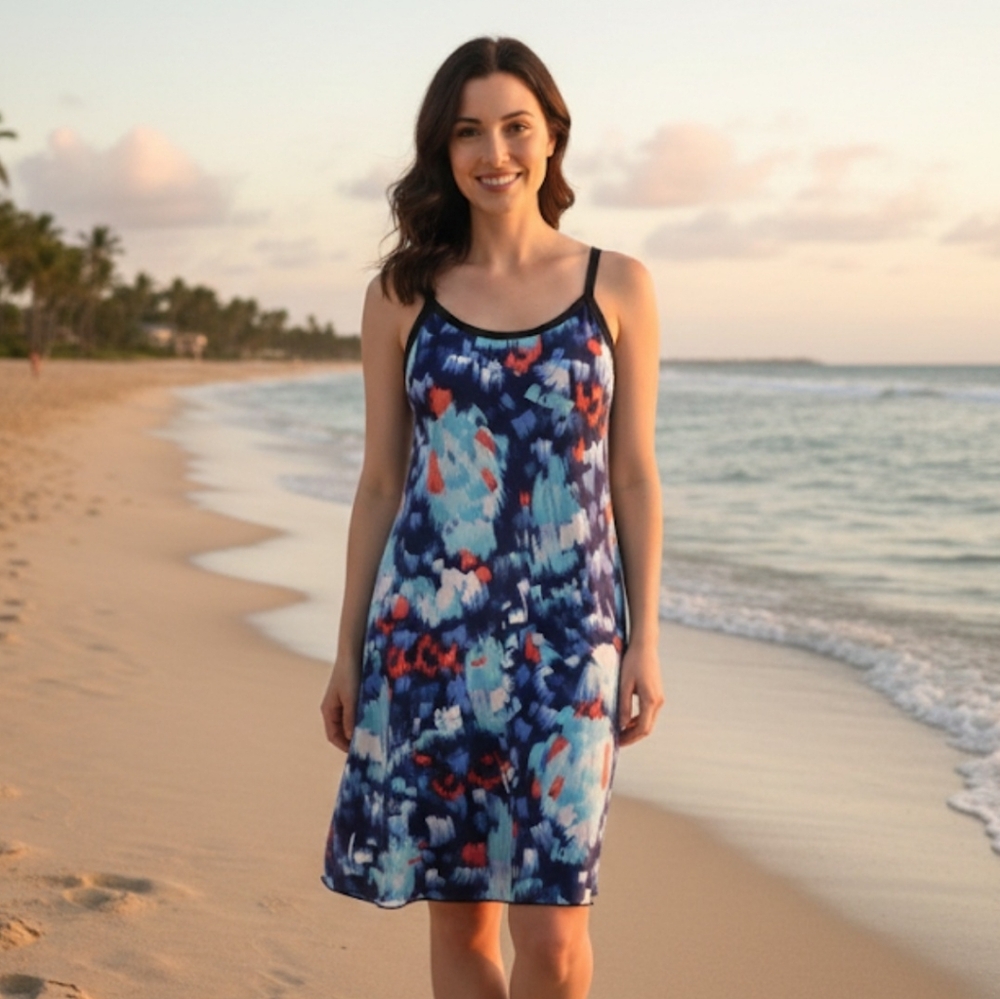 Abstract Brushstroke Summer Sundress - Vibrant Blue & Coral, Size M